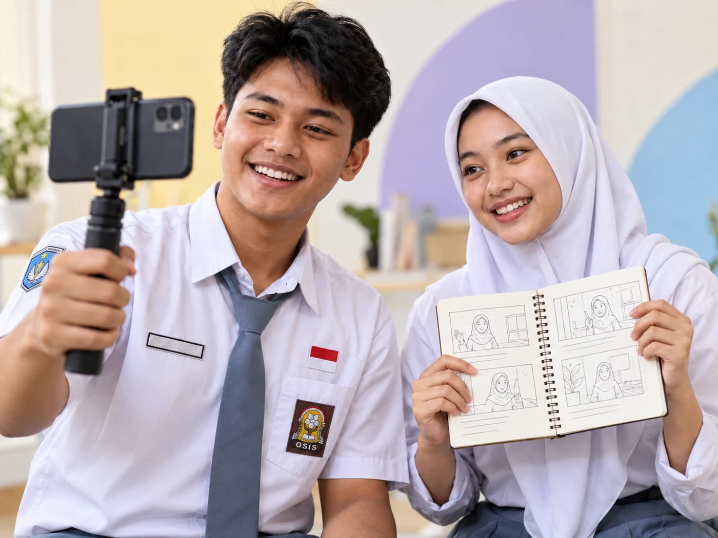 Foto dekat dua pelajar Indonesia berseragam SMA membuat konten; wajah, tangan, dan tools terlihat jelas
