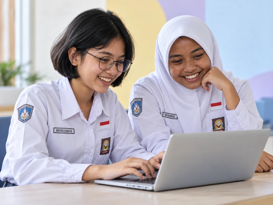 Foto dekat dua siswi Indonesia berseragam SMA mendiskusikan ide menggunakan laptop