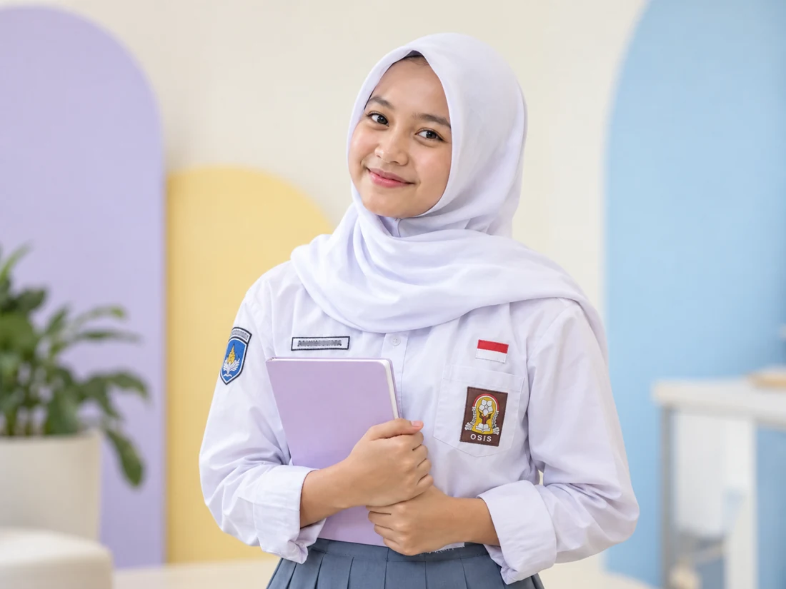 Portrait dekat siswi Indonesia berseragam SMA dan berjilbab memegang buku catatan