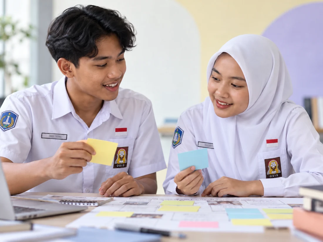 Tiga pelajar berkolaborasi menggunakan catatan dan laptop