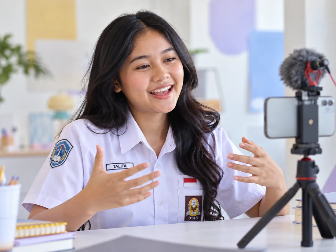 Pelajar membuat video dengan telepon genggam