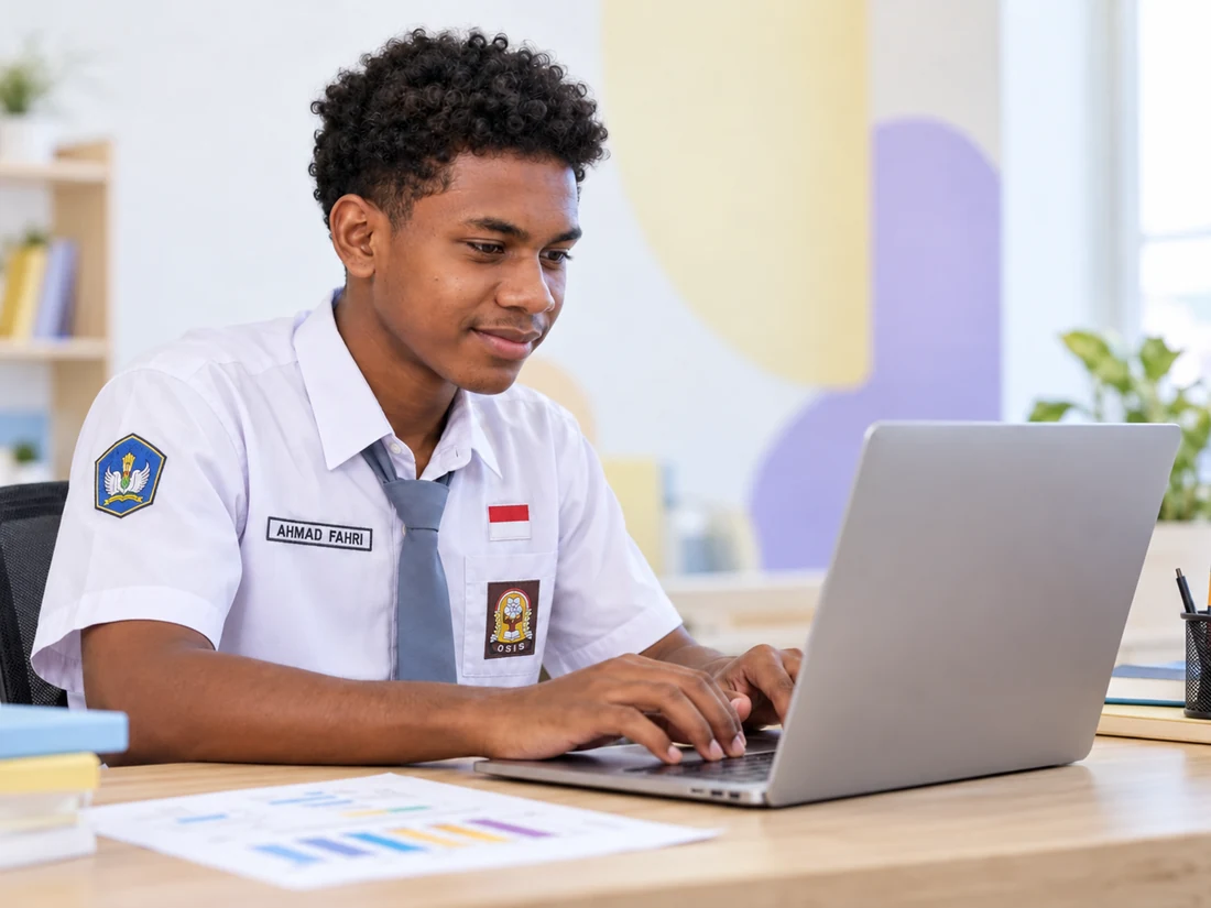 Pelajar mempelajari digital marketing sambil menggunakan laptop